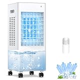 Mobile Klimaanlage Mobil Klimagerät Luftkühler 4 in 1 Ventilator mit Wasserkühlung Klimagerät ohne Abluftschlauch Verdunstungskühler mit 8L Wassertank 7,5h Tmer 4 Kühlakku Fernbedienung